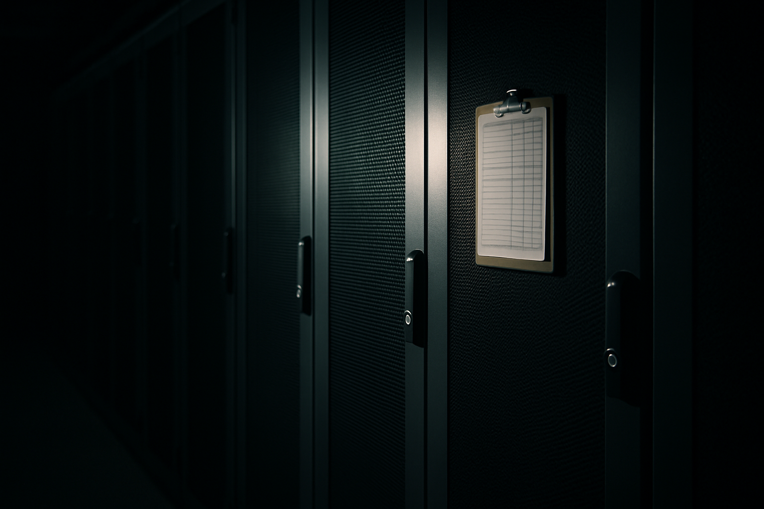 A dim corridor of locked server rack doors, one with an inventory clipboard taped to it, a flashlight beam crossing the floor.