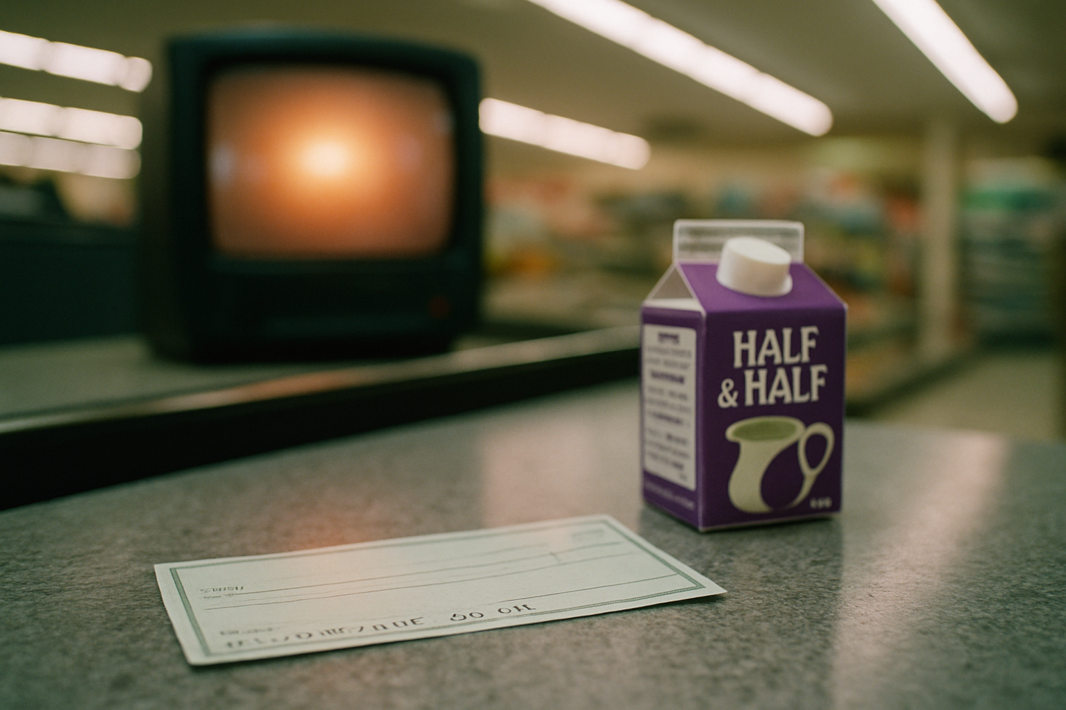 A handwritten check for a tiny amount on a grocery counter next to a carton of half and half, an old television glowing behind.