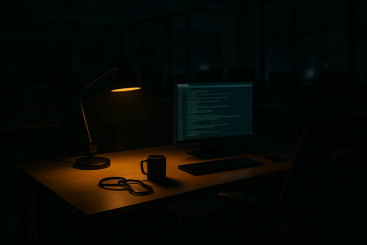 Photograph of a dark open plan office at night with a single desk lamp on. A chair is pushed back from a desk where a monitor still glows with a generic scrolling log interface; a lanyard and a cold mug sit beside the keyboard. Nobody is present.