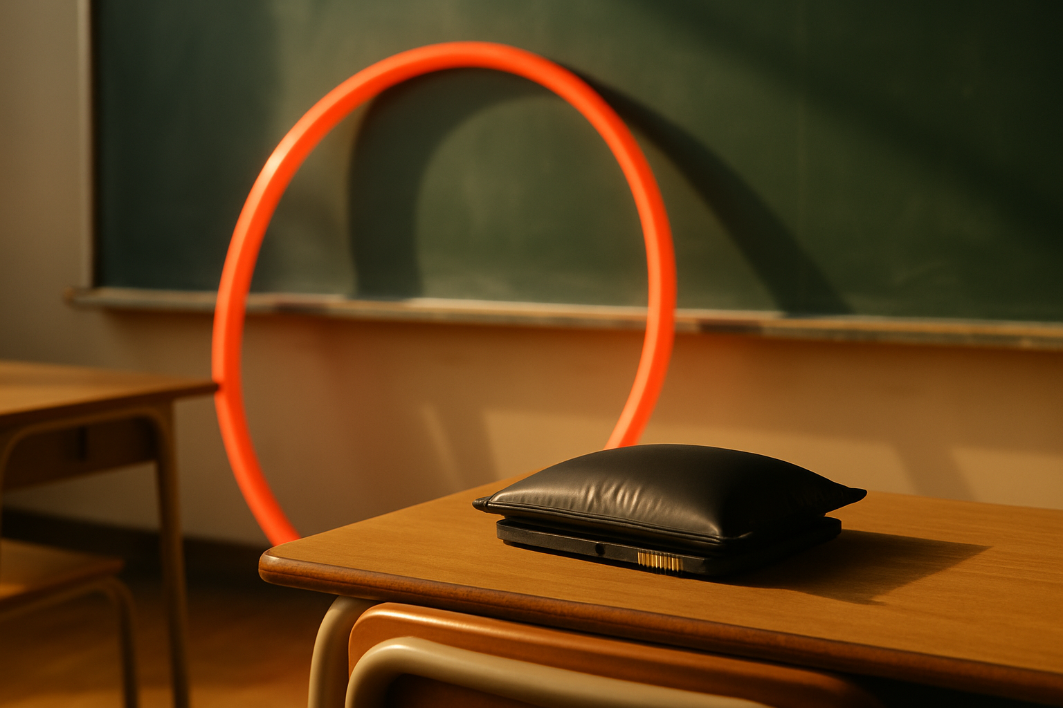 A bright orange hula hoop leans against a classroom chalkboard in warm afternoon light; in front of it on a school desk sits an old laptop battery that has swollen and puffed up like a small black pillow.