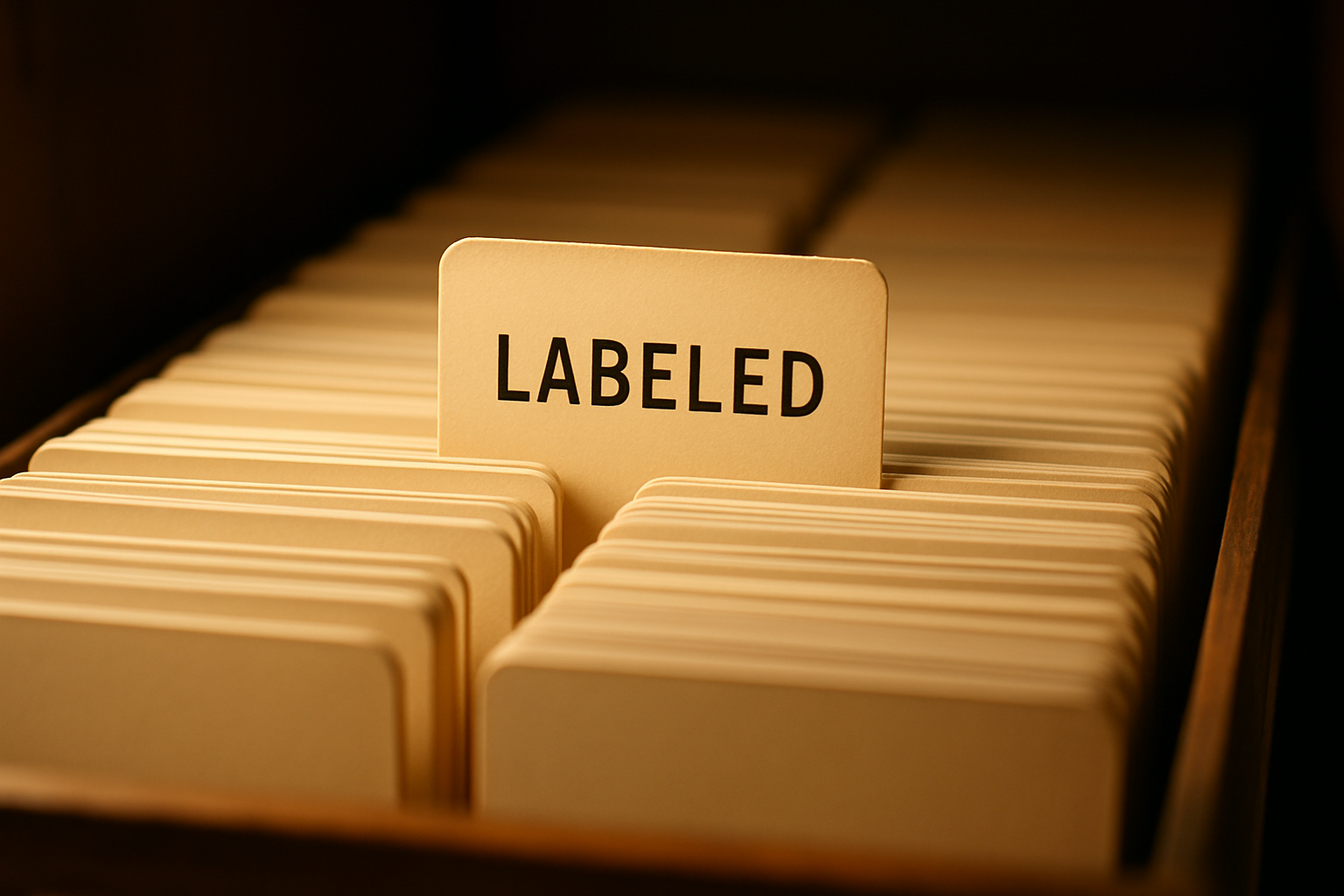 A single labelled index card standing upright in a long drawer of otherwise blank, unlabelled cards under warm archival light — the one record in a collection whose origin is actually written down.