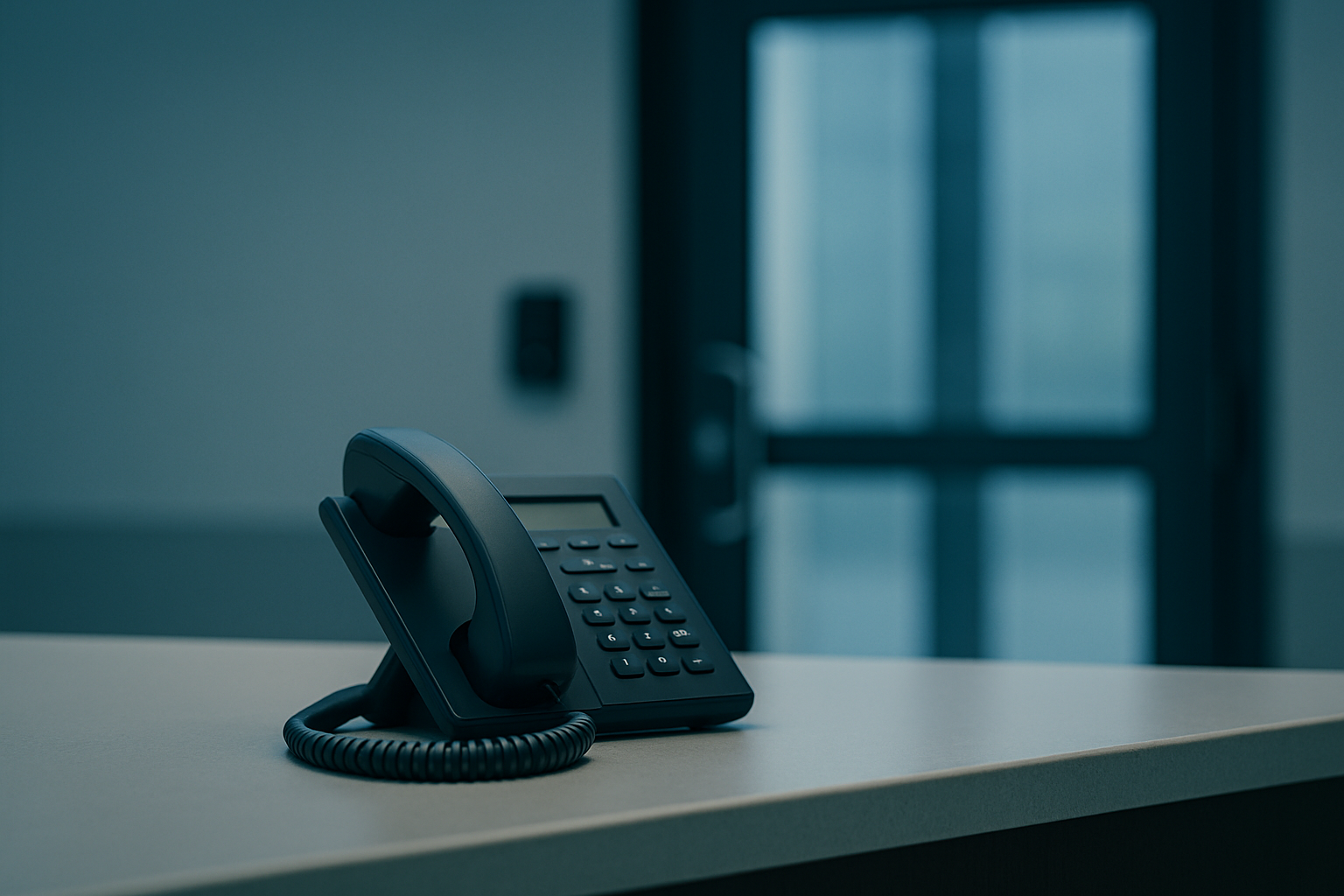 Photograph of a plain office desk phone on an otherwise empty reception counter, the receiver lifted slightly off its cradle with the coiled cord hanging down. Behind it, out of focus, a heavy locked glass security door with a badge reader. Cool daylight, shallow depth of field.