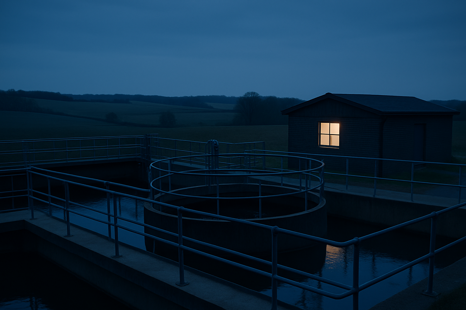 Photograph of a small rural municipal water treatment plant at dusk: concrete clarifier tanks, steel handrails, a low pump house with a single lit window, farmland on the horizon. No people. Cold blue evening light.