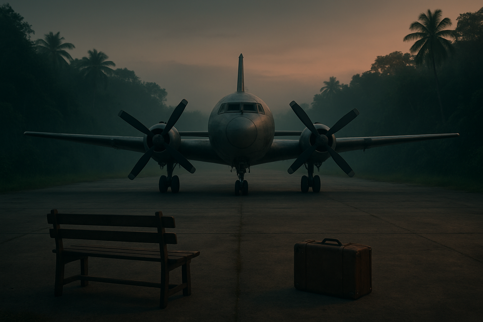 A 1960s propeller plane on a remote jungle airstrip at dusk, with an empty wooden bench and a single battered suitcase on the tarmac.