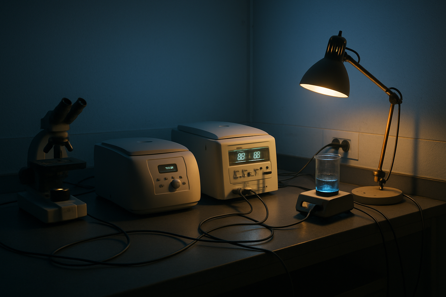 A laboratory workbench with instruments left running unattended overnight, cables trailing to an open network port in the wall, a warm desk lamp against cold ambient light — the lab tool that quietly acquired a public address.