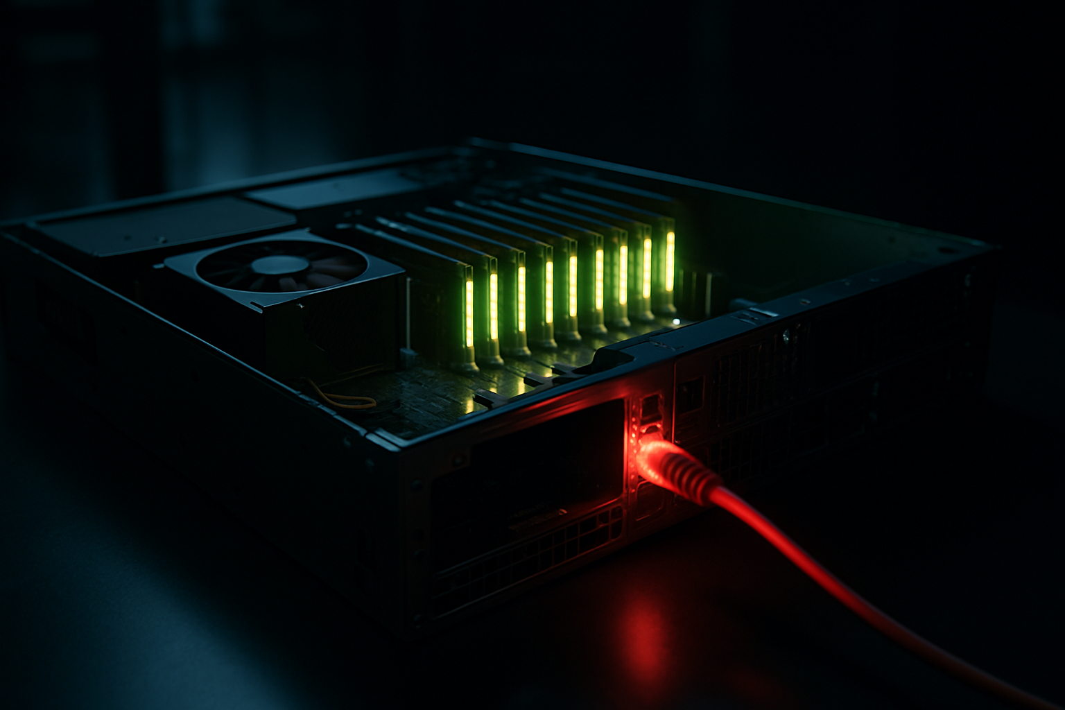 A GPU server node with its cover off and glowing memory modules, one network cable glowing red in an exposed port.