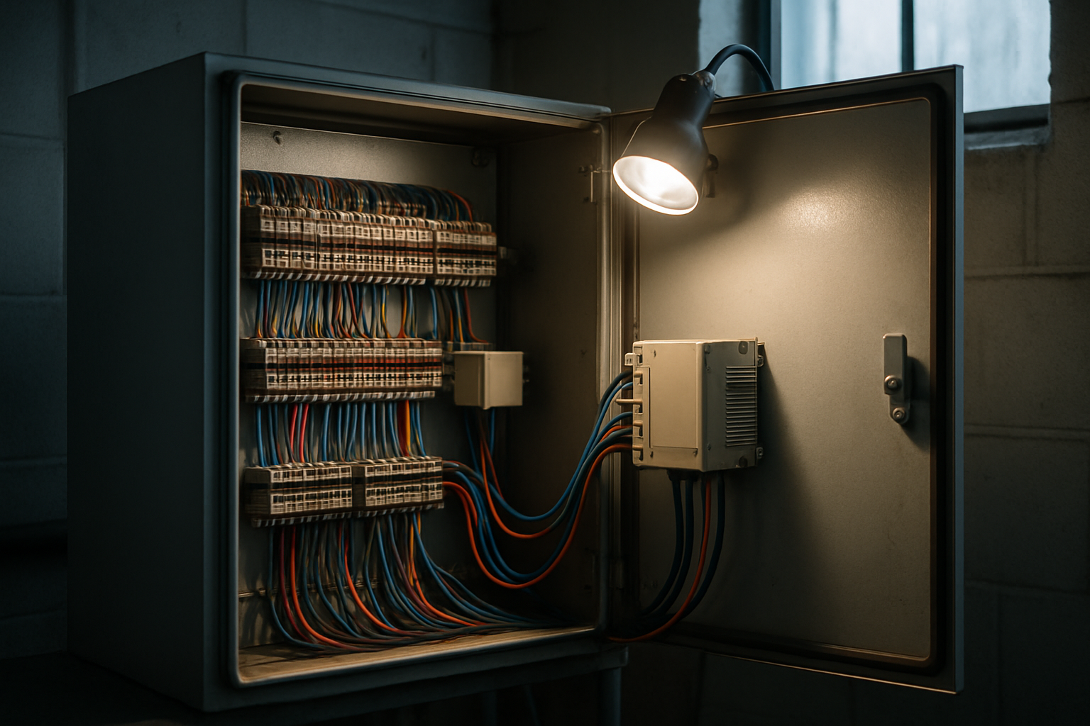 Photograph of a small industrial control cabinet standing open in a utility building: terminal blocks, coloured wiring, a compact controller on a DIN rail, a work light clipped to the door. No people, no readable labels. Cool daylight from a high window, photographic realism.