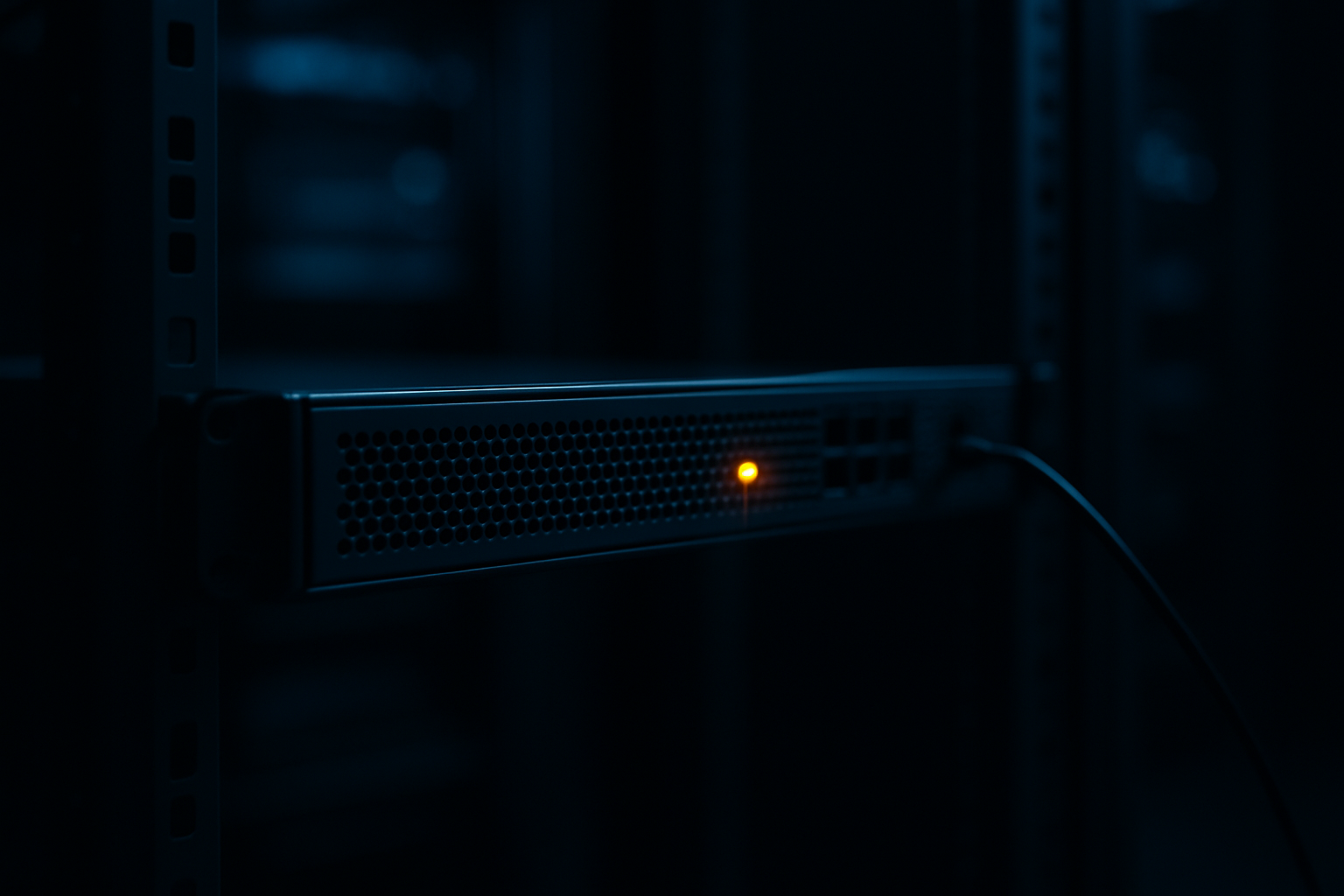 A rack mounted network appliance in a dark server room with a single amber status light.