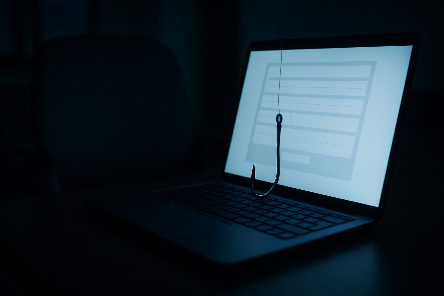 A laptop glowing in a dark room with a fishing hook hanging in front of a blank form on the screen.