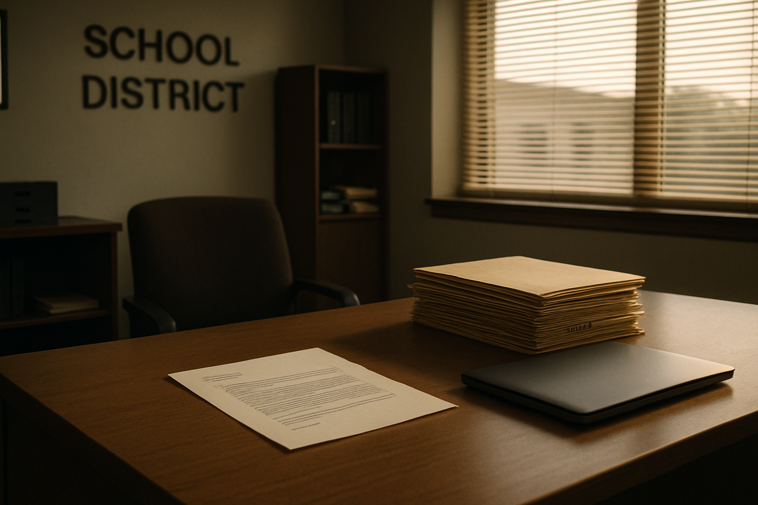 A school district office after hours, a printed breach notification letter on a wooden desk beside a stack of payroll folders.
