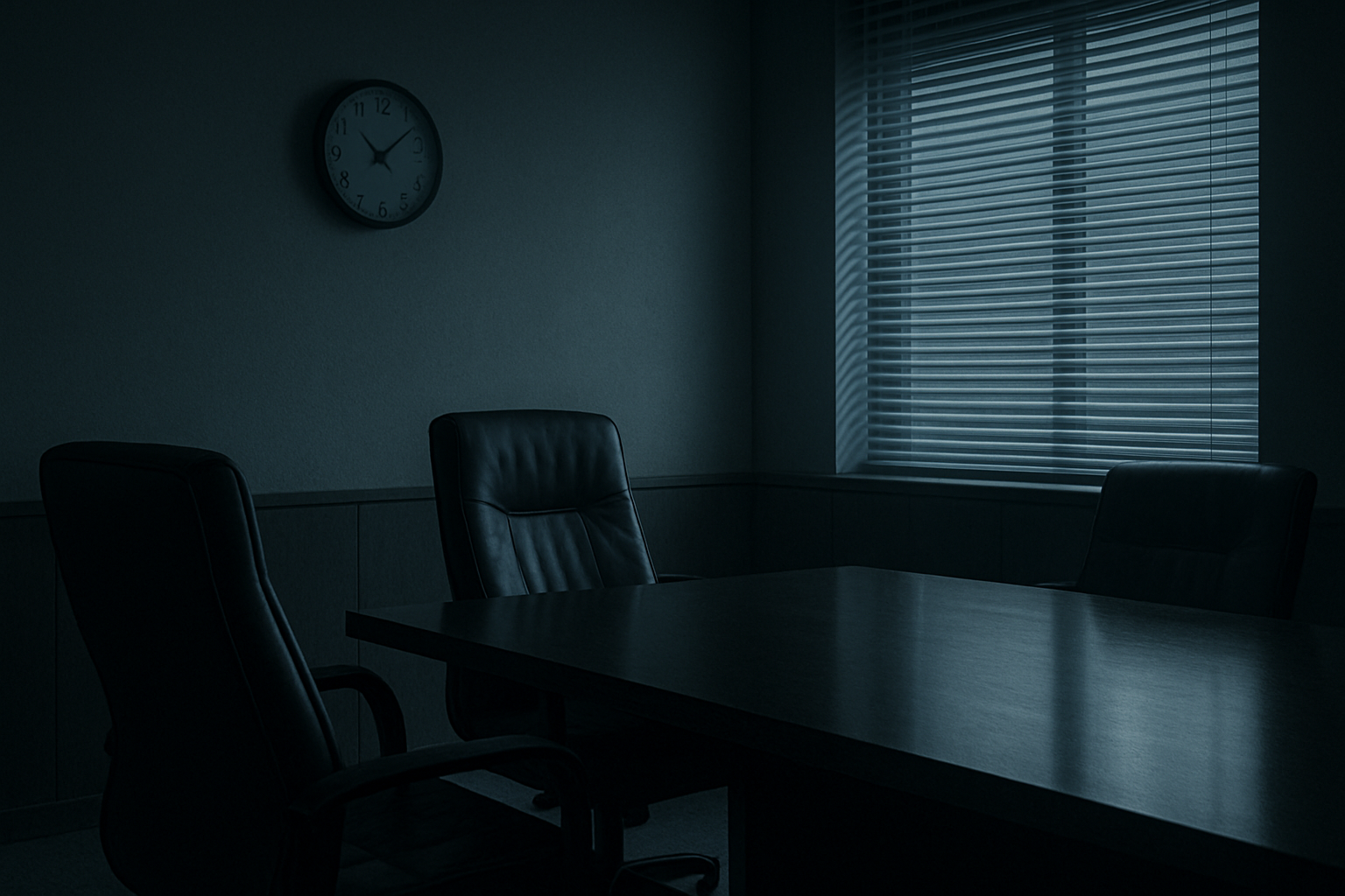 An empty negotiation room at night with one chair pushed back from a long table and a wall clock the only object in sharp focus, cold light coming through blinds — the fourteen day silence a leak site countdown buys.