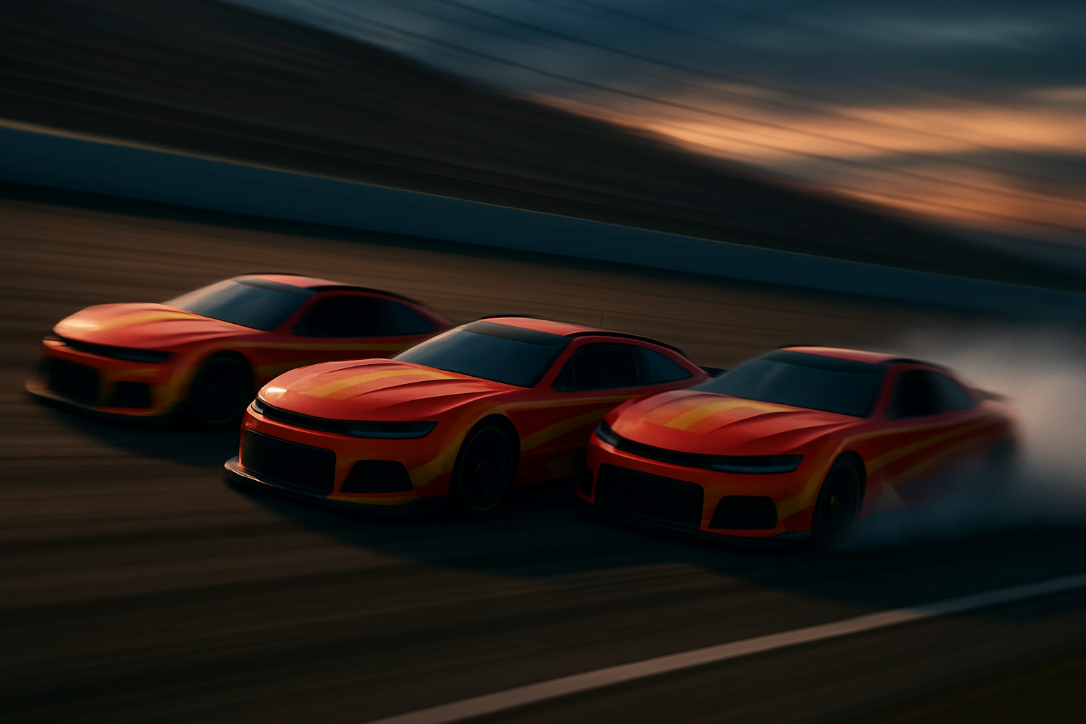 Three identical stock cars racing side by side on a banked oval at dusk, one trailing smoke.
