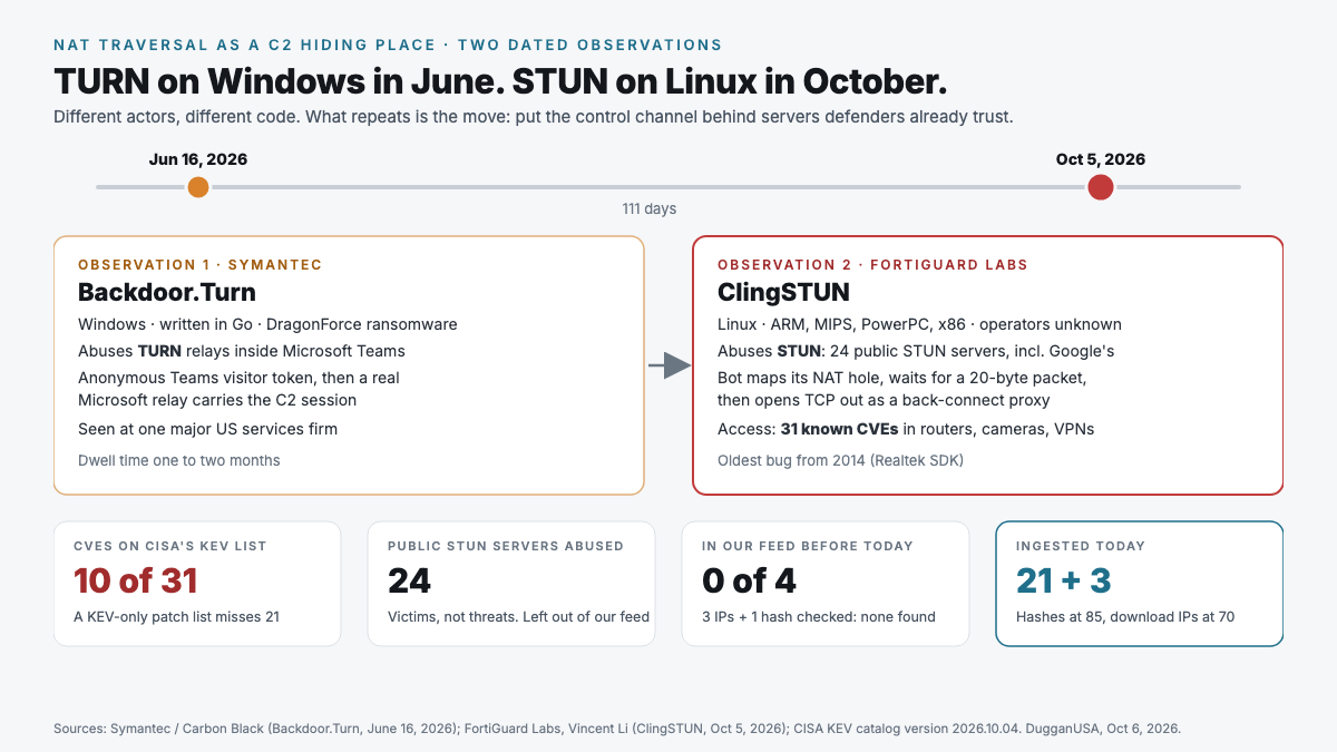 Timeline comparing two sightings of NAT traversal servers used to hide command and control traffic. June 16, 2026: Symantec's Backdoor.Turn, a Go backdoor used by the DragonForce ransomware group on Windows, abusing Microsoft Teams TURN relays, seen at one major US services firm with one to two months of dwell time. October 5, 2026: FortiGuard Labs' ClingSTUN, a Linux back connect proxy backdoor by unknown operators, abusing 24 public STUN servers including Google's and getting in through 31 known CVEs in routers, cameras and VPNs. Tiles: 10 of the 31 CVEs are on CISA's KEV list; 24 public STUN servers were abused and left out of our feed; none of four indicators we checked were in our feed before today; we ingested 21 hashes and 3 download server IPs.