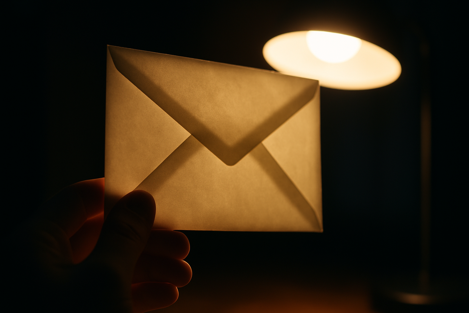 A sealed envelope held up against a bright lamp, the paper staying opaque so the contents remain unreadable through it — an inspection that looks directly at the payload and still cannot see what it says.
