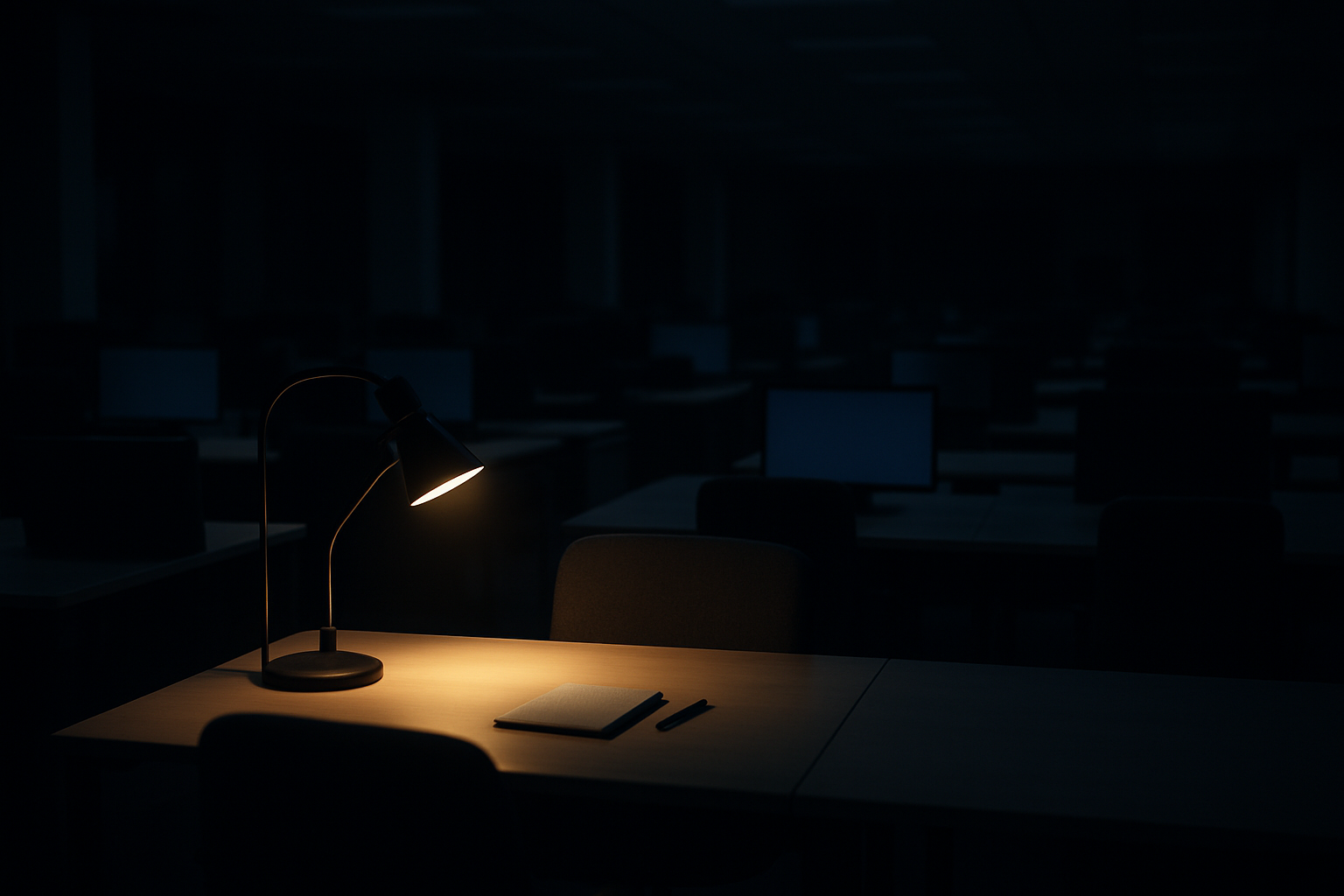 A single desk lamp lit in a dark empty open plan office at night, rows of vacant desks receding into shadow — the seven person incident response this did not require.
