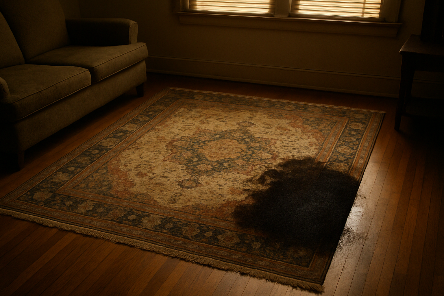 A worn area rug on a hardwood floor with a dark stain spreading across one corner, afternoon light through blinds.