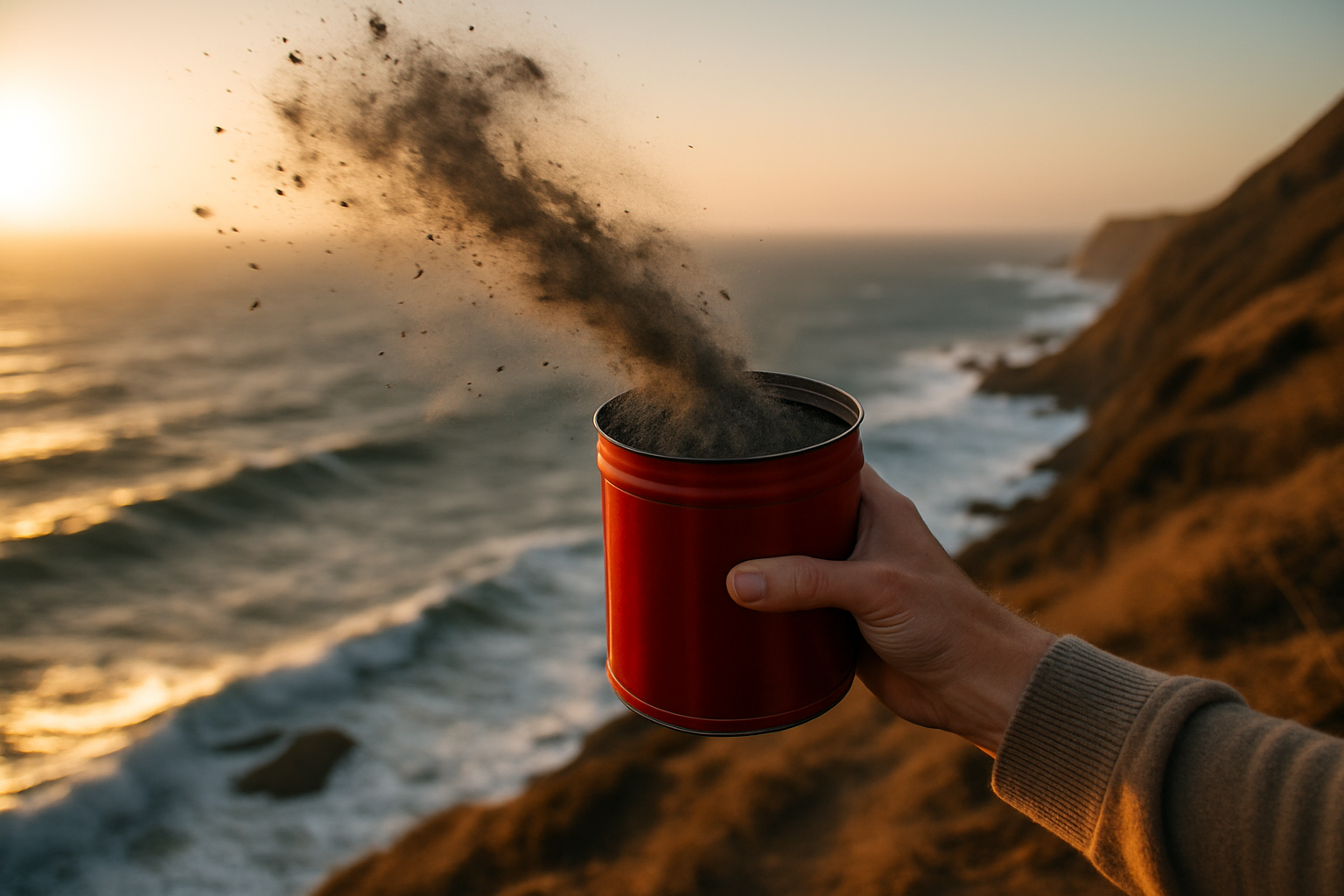 A red coffee can with the lid off on a windy sea cliff at golden hour, ash blowing back toward the camera.