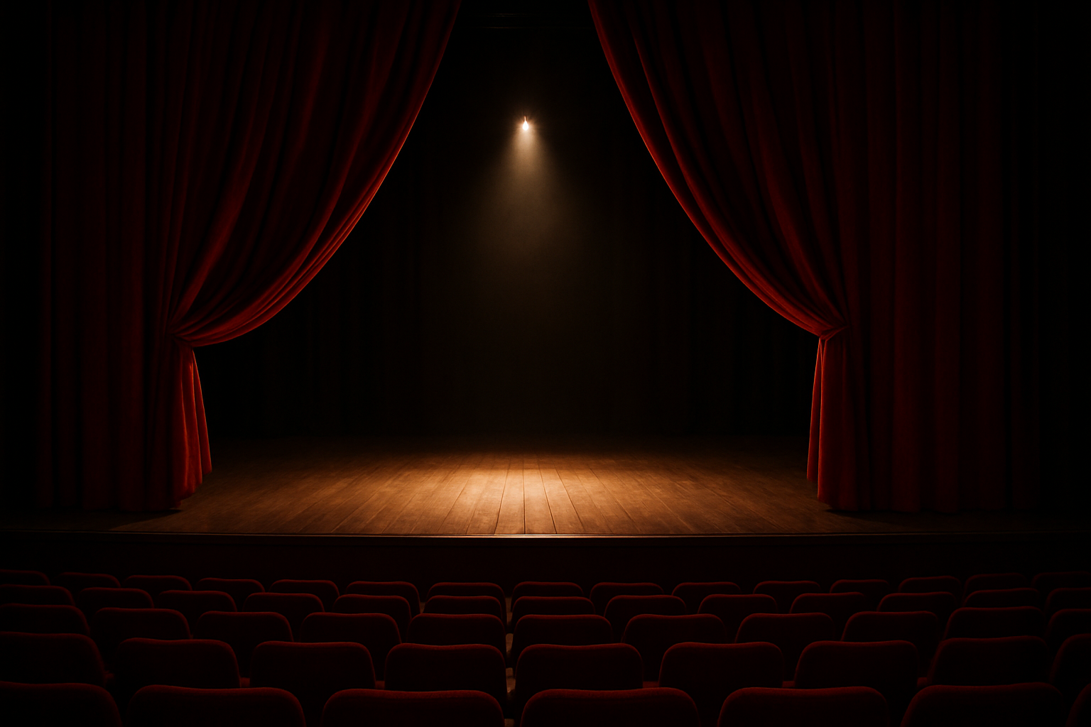An empty theater stage with heavy red velvet curtains half open and a single spotlight on bare wooden boards, rows of empty red seats in the dark foreground.