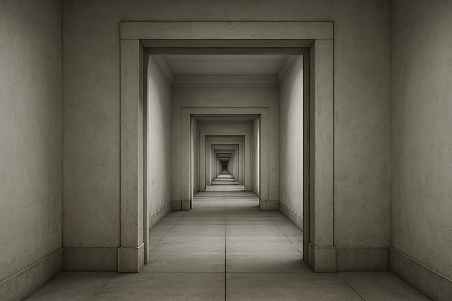 A long corridor of hundreds of identical doorways receding into the distance under cold even lighting, nobody present — the shape of a target list four hundred and sixty entries long, in which any one organisation is a single row.
