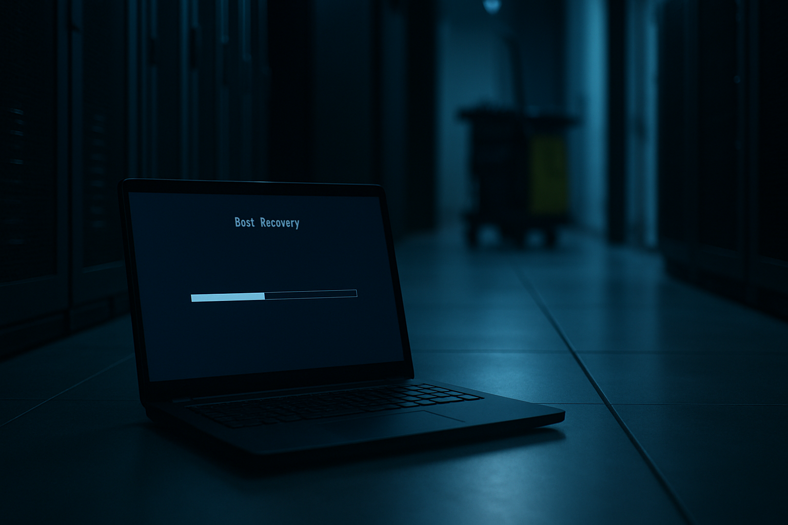 An unattended laptop open in a dim room showing a plain boot recovery screen, a cleaner's cart just out of focus in the corridor beyond — the evil maid threat model both of these bypasses assume.