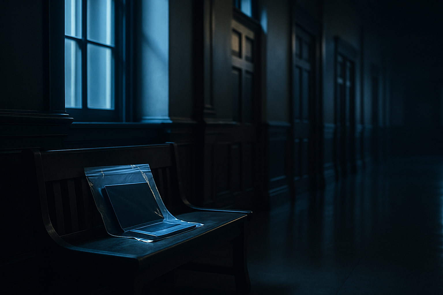 An empty courtroom corridor at night, a laptop sealed in an evidence bag resting on a wooden bench.
