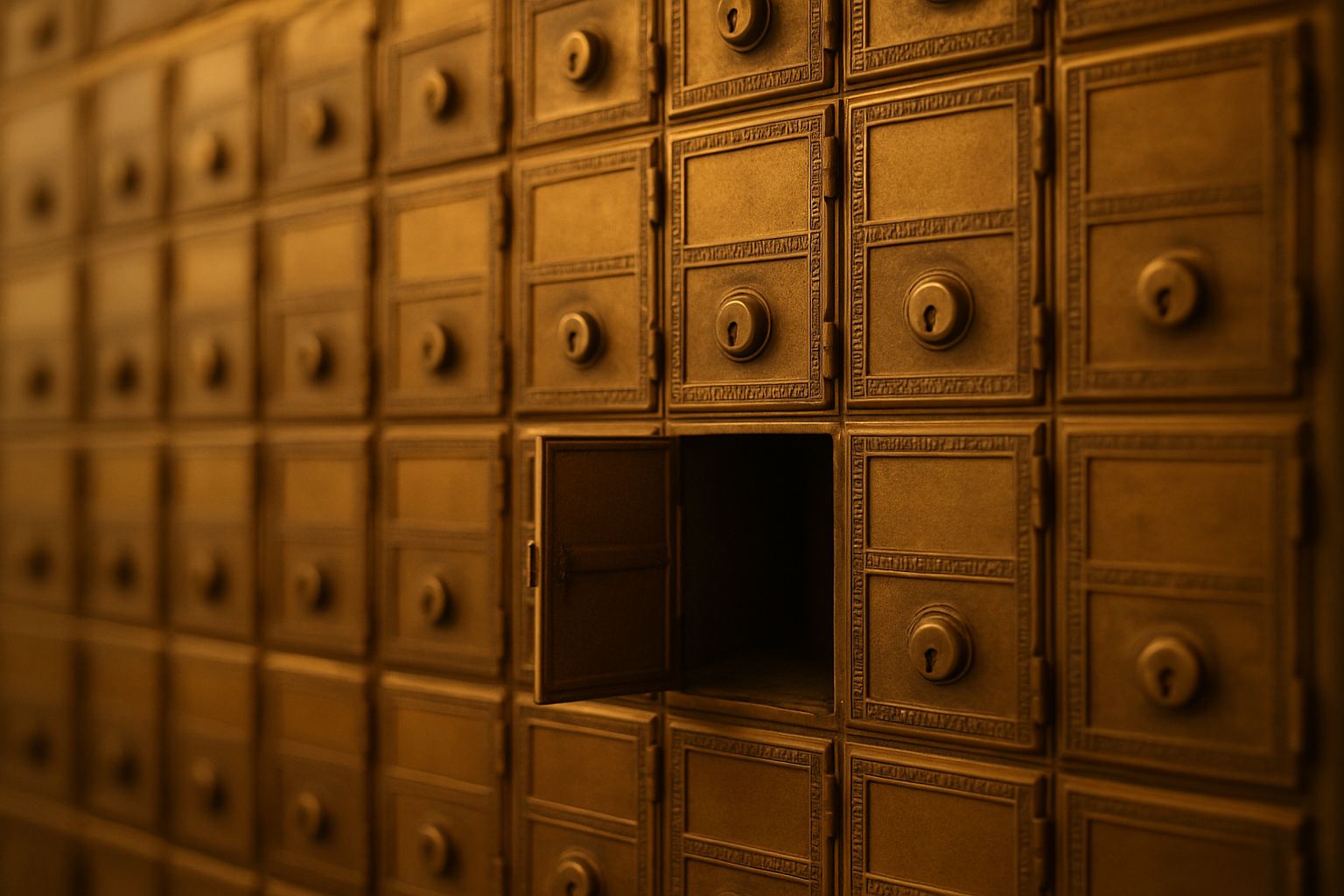 A wall of old brass post office boxes with one small door standing open and empty, warm institutional light — TAXII is the delivery mechanism, not the message.