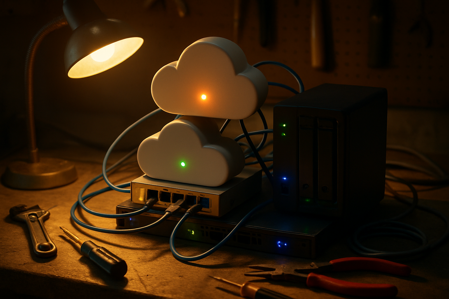 A garage workbench with cloud hardware from two rival vendors wired together, status lights in two colors, tools scattered under a warm lamp.