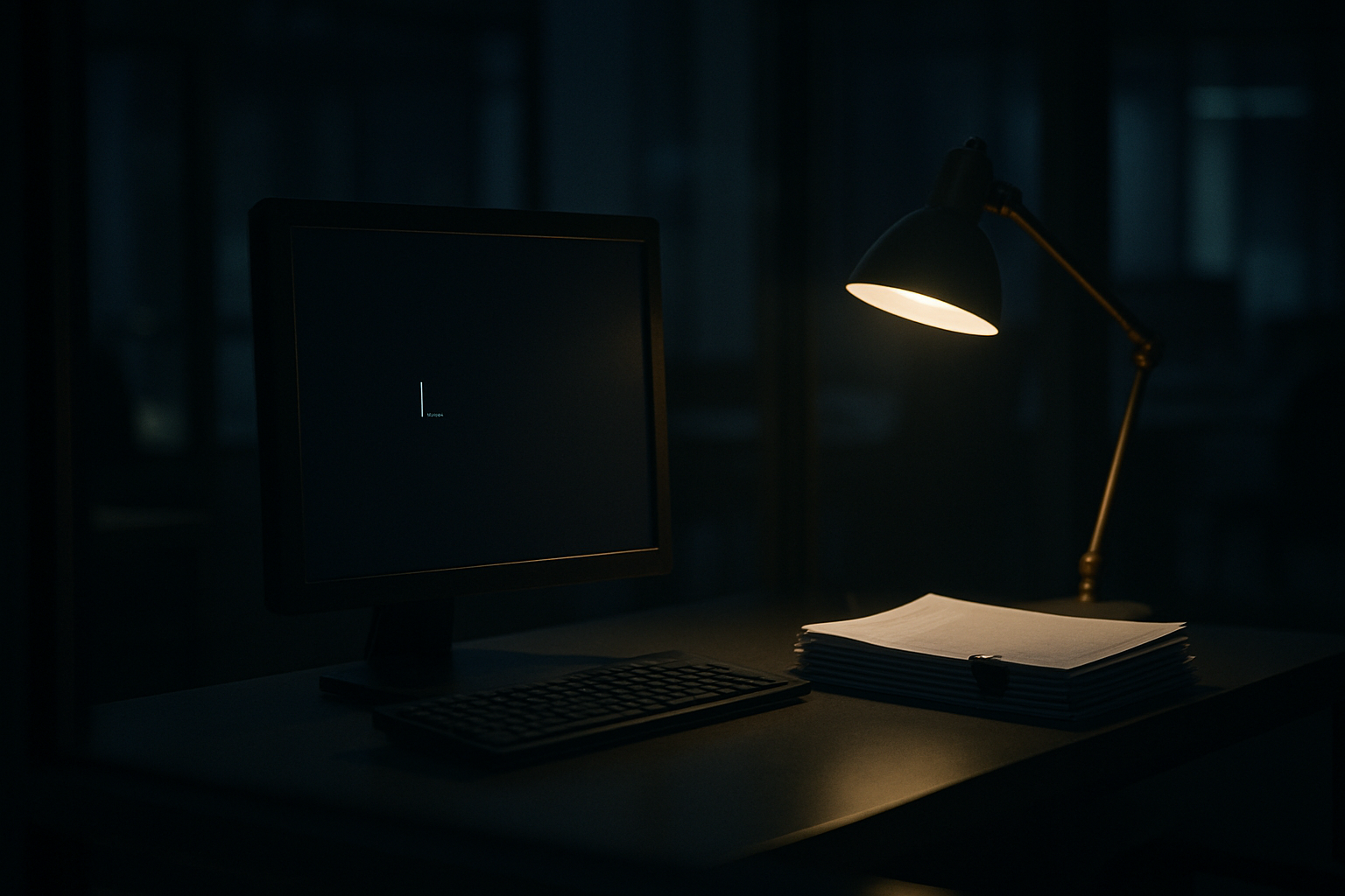 A single blinking cursor on a dark terminal in an empty office at night, one desk lamp, a bound stack of printed pages beside the keyboard.