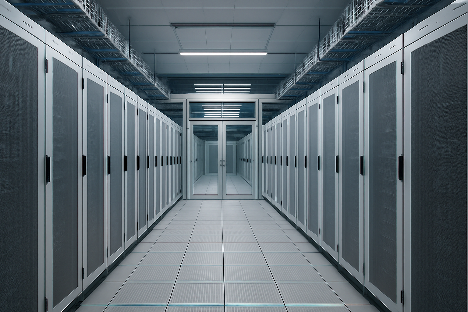Photograph of the interior of an anonymous European commercial datacenter hall: long rows of identical rented server racks receding into perspective under cold white and blue lighting, overhead cable trays, cold aisle containment doors, no people and no branding.