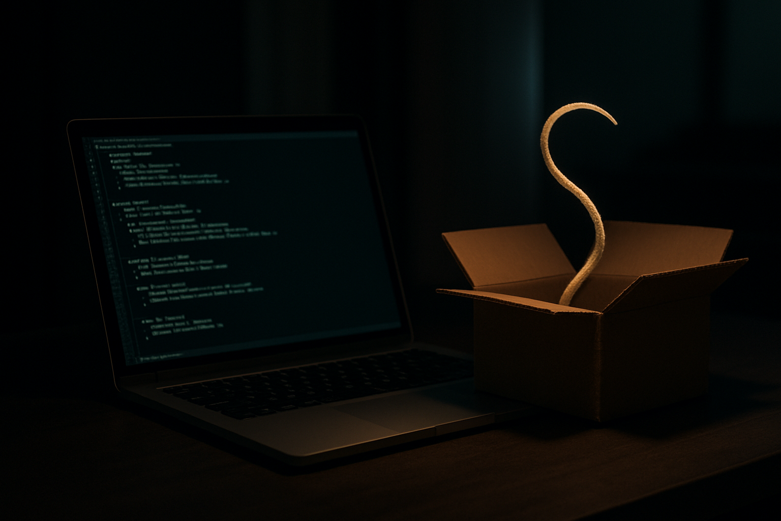 A developer's laptop on a dark desk at night with its terminal glowing, a thin trail curling out of an open package box beside it.
