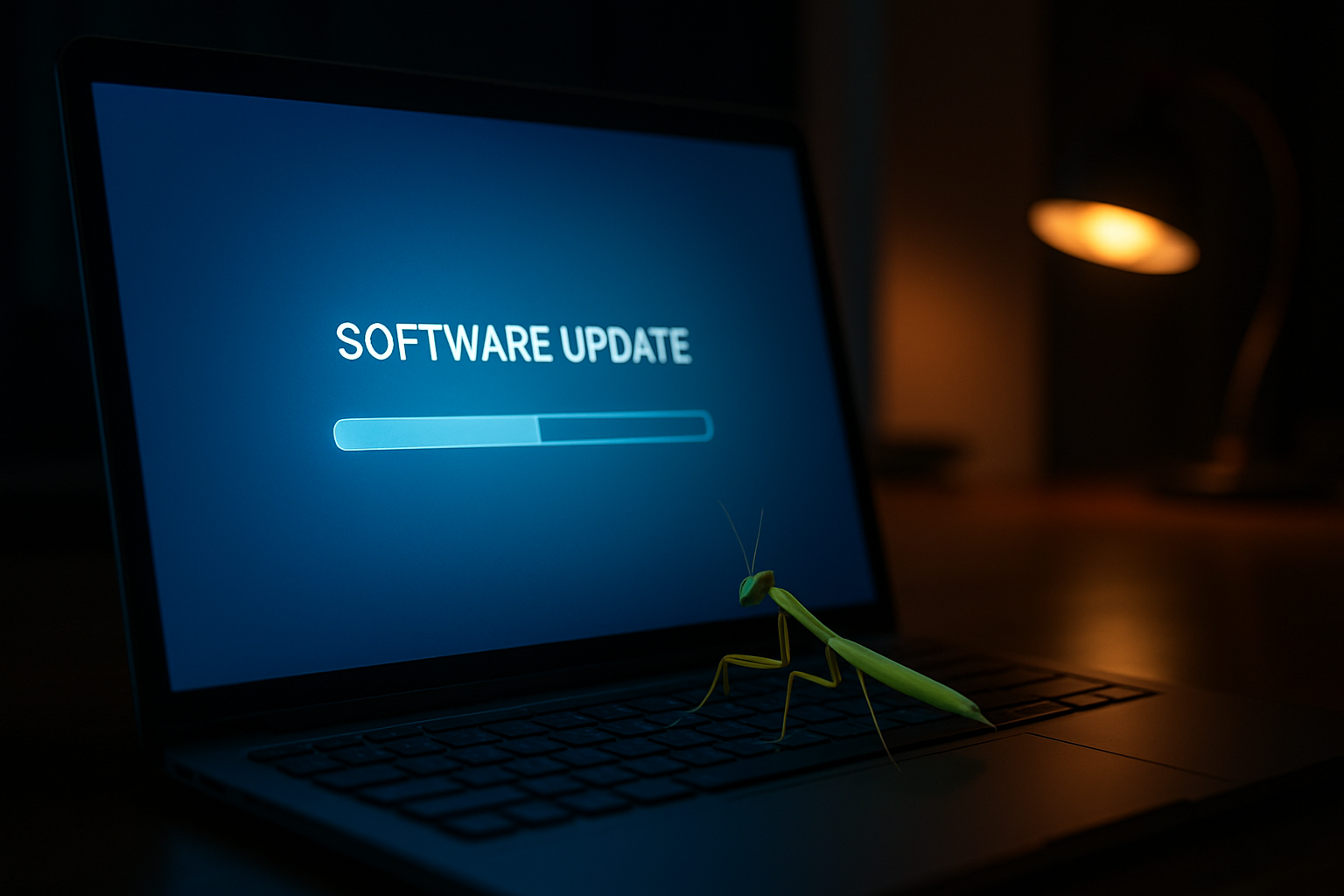 A software update progress bar on a laptop in a dim office at night, with a small green mantis on the edge of the keyboard.