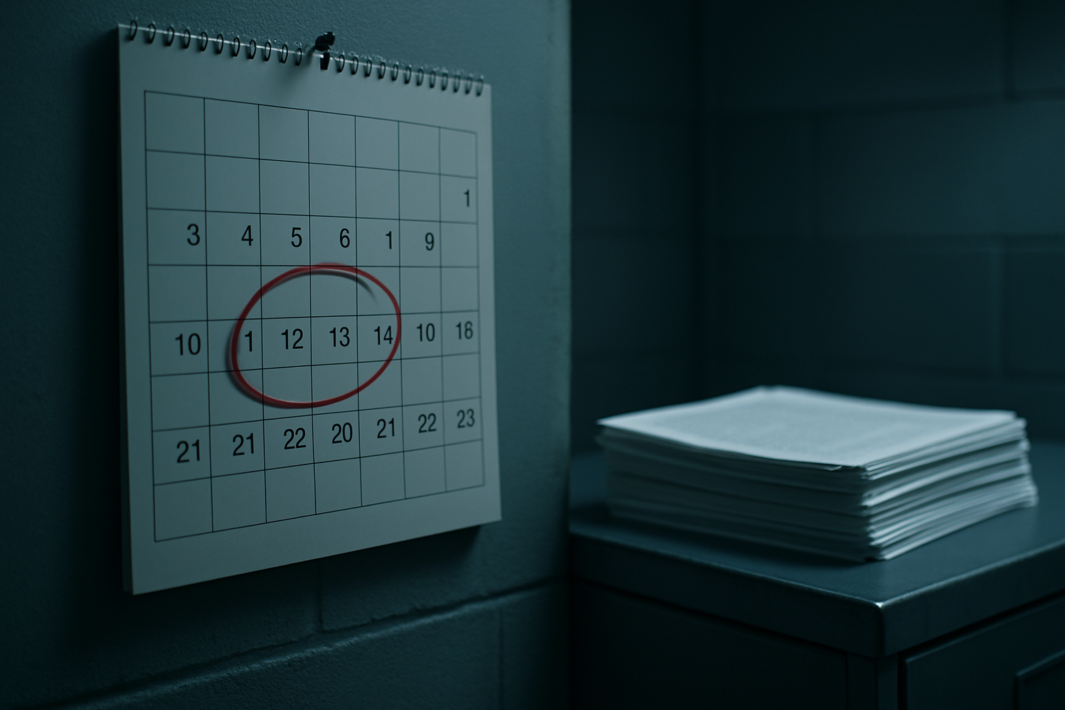 A wall calendar in a dim office with three consecutive days circled in red, beside a stack of printouts on a metal desk.
