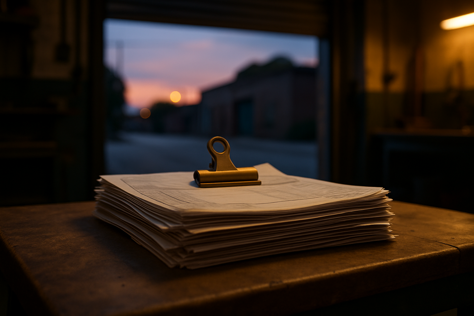 A stack of paper invoices held under a brass clip on a small workshop desk, an open roller shutter behind showing an empty street at dusk — the back office where these 741 machines actually live.