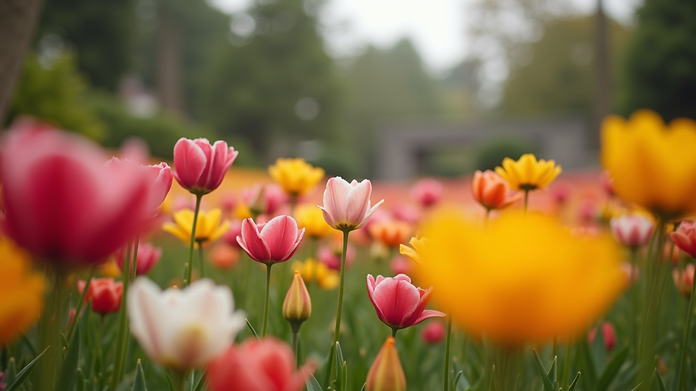 Eye-level view of colorful blooming flowers in a garden
