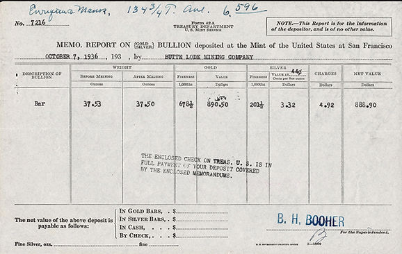 1936 BUTTE LODE MINING COMPANY - San Francisco Mint Bullion Deposit Receipt - Randsburg District, Kern County, California