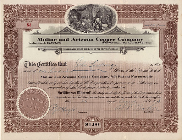 1918 MOLINE & ARIZONA COPPER COMPANY - Incorporated (in 1917) Under the Laws of the State of Arizona. Stock Certificate