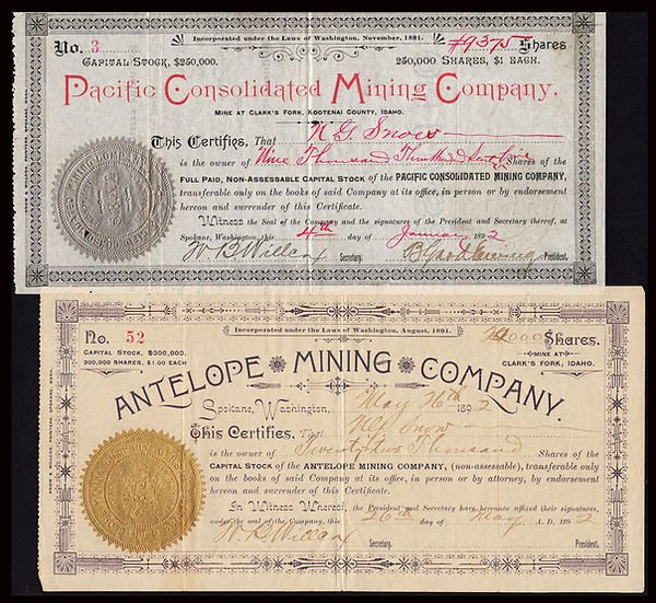  (2) Different - 1892 CLARK'S FORK, IDAHO Mining Company Stock Certificates: 



1892 PACIFIC CONSOLIDATED MINING COMPANY ◆ Incorporated (in November of 1891) Under the Laws of Washington. Early stock #3, issued to N. G. Snow for 9,375 shares. Shiny-silver corporate seal. Signed by W. B. Willcox as company secretary. Mine at Clark's Fork, Kootenai County, Idaho. (Printed beneath title)



1892 ANTELOPE MINING COMPANY ◆ Incorporated (in August of 1891) Under the Laws of Washington - Stock #52, issued to N. G. Snow for a whopping 22,000 shares! Shiny-gold corporate seal. Signed by W. B. Willcox as company secretary. Mine at Clark's Fork, Idaho (Printed in upper-right corner)

Also notice the Printer was Snow & Willcox of Spokane, Washington. They apparently printed their own certificates.

The town of Clark's Fork was named after early explorer, William Clark.

Interesting set! 
