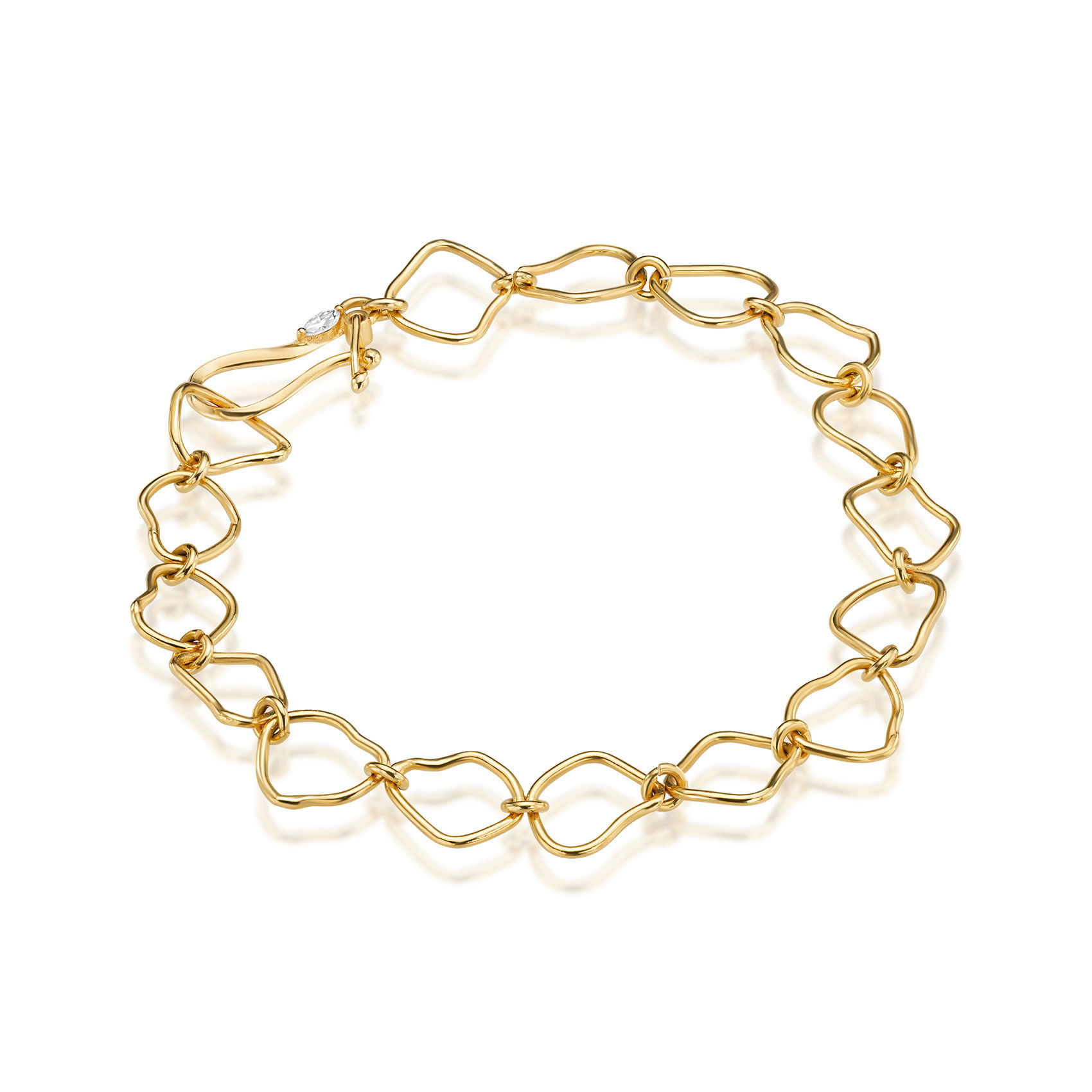 GIA One-of-a-Kind handcrafted 14k gold bracelet featuring unique, intricately woven links and a white gemstone clasp.