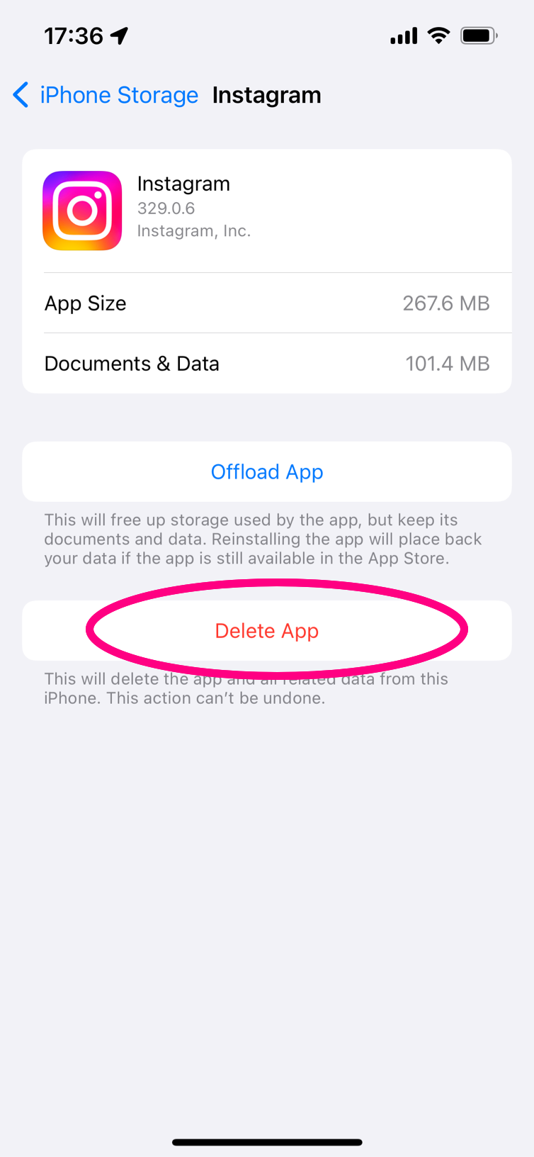Instagram app cache deletion on iOS