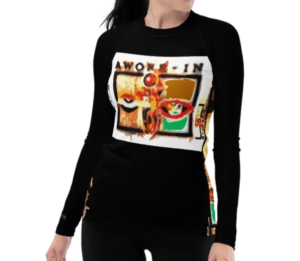 Front view of a black long sleeve top with the words Awoke-In and Afrocentric design