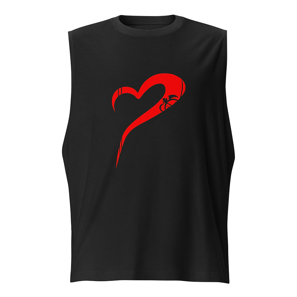 Front view of a black sleeveless muscle t shirt with a red heart printed on it.