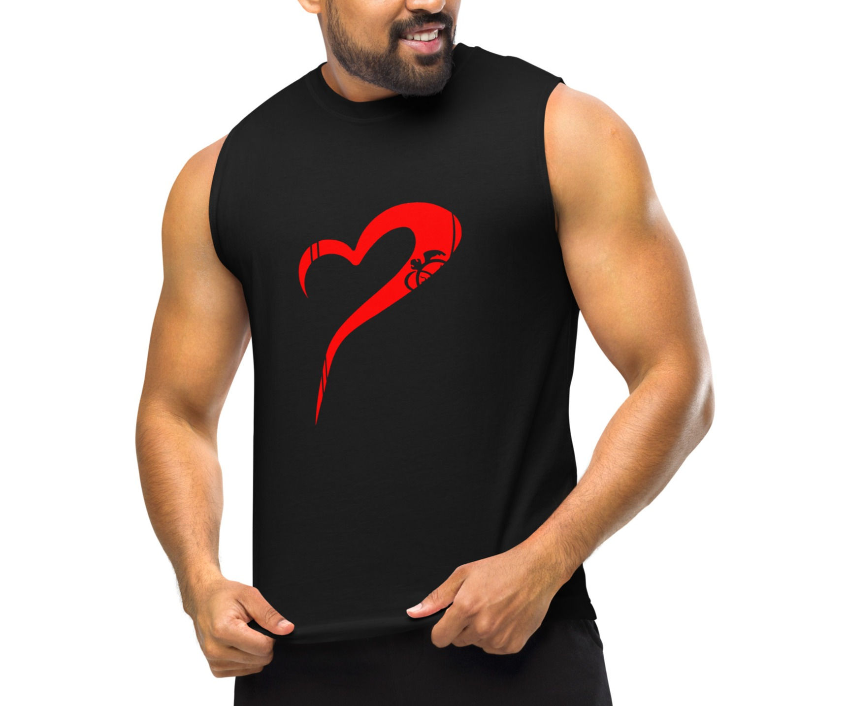 Front view of a clean-shaven bearded man wearing a black sleeveless muscle t shirt with a red heart printed on it.