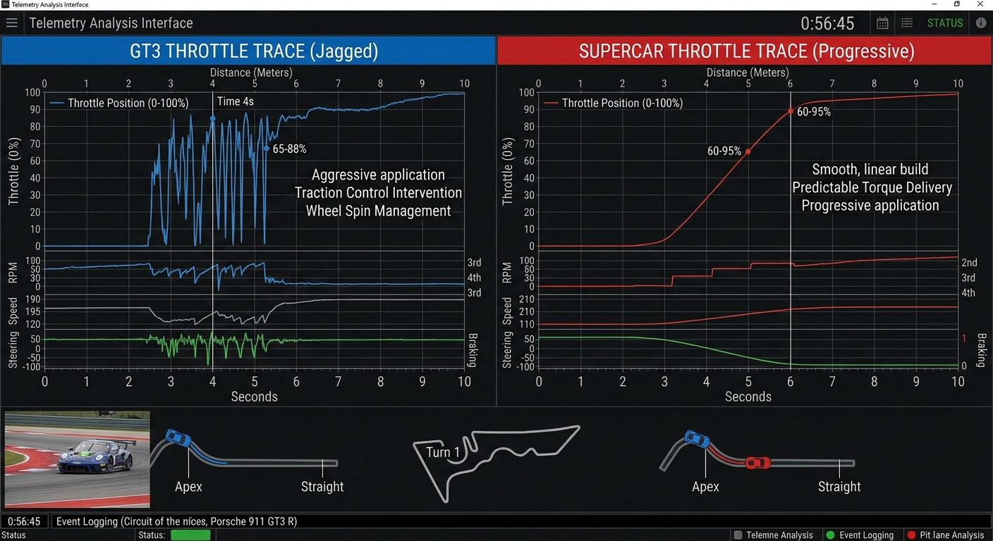 Comparing throttle application traces between GT3 and Supercars highlights the need for smoother power delivery.