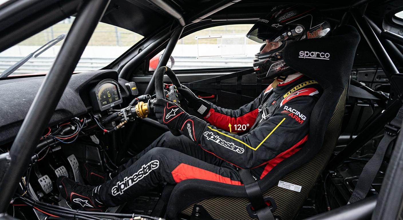 Neutral spine alignment and proper arm distance reduce muscle tension and improve steering precision in high-speed corners.