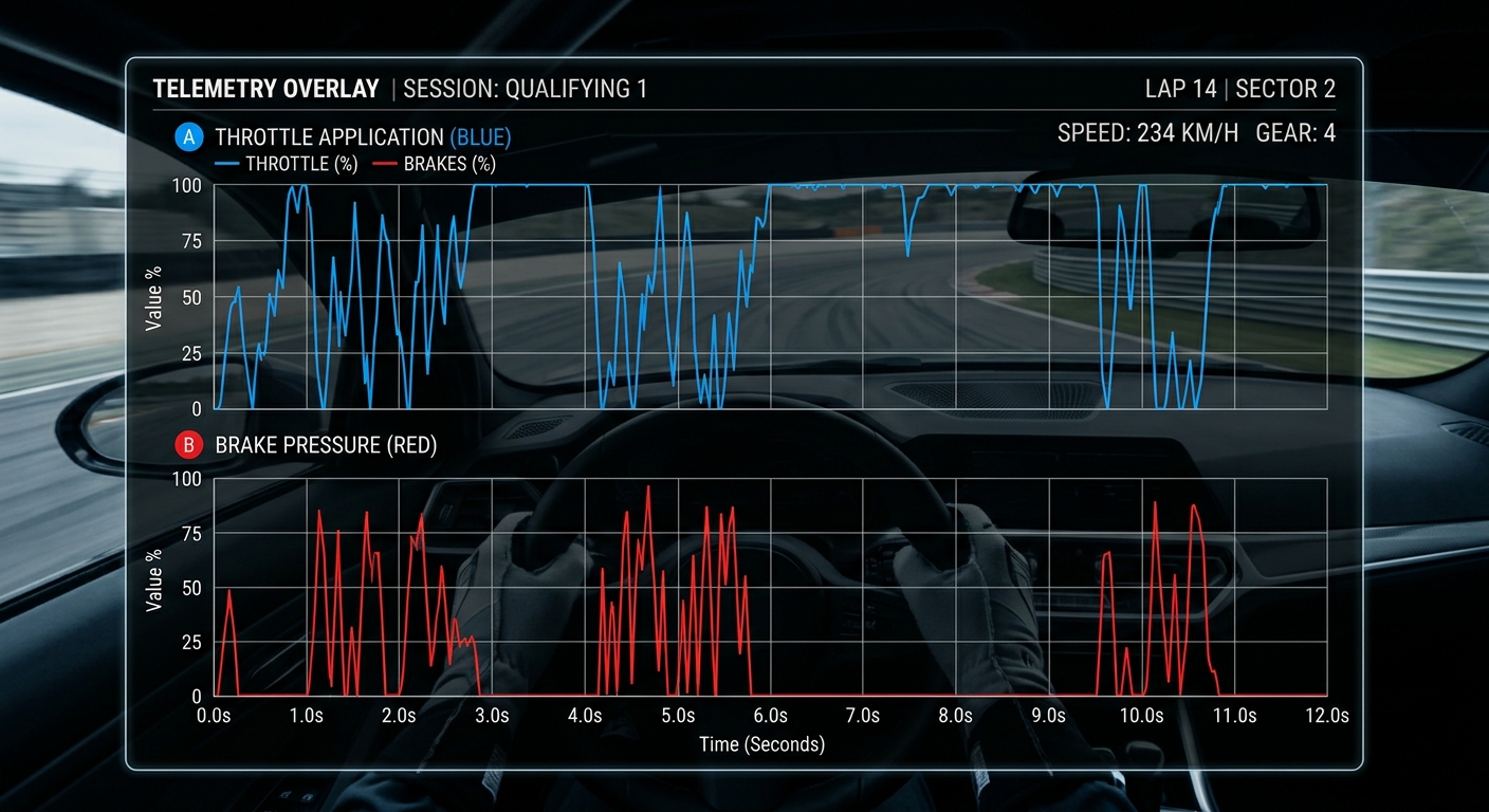 Comparing brake and throttle traces against professional benchmarks to find hidden time in corner transitions.
