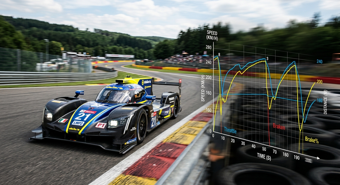 A Dallara P217 navigating a high-speed technical section with professional telemetry data overlays.