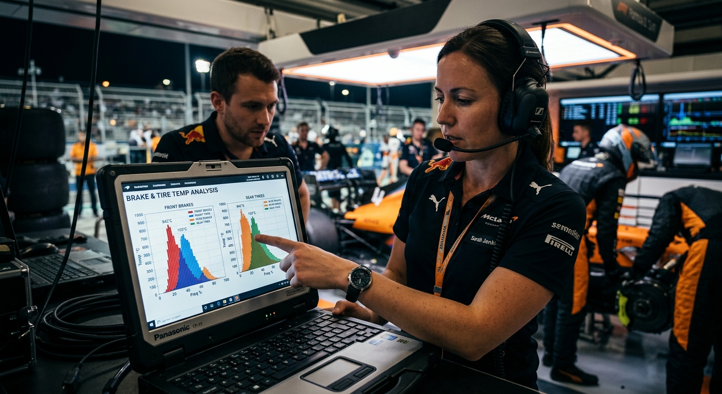 Using histograms to correlate peak brake temperatures with the minimum tire surface temperatures on long straights.
