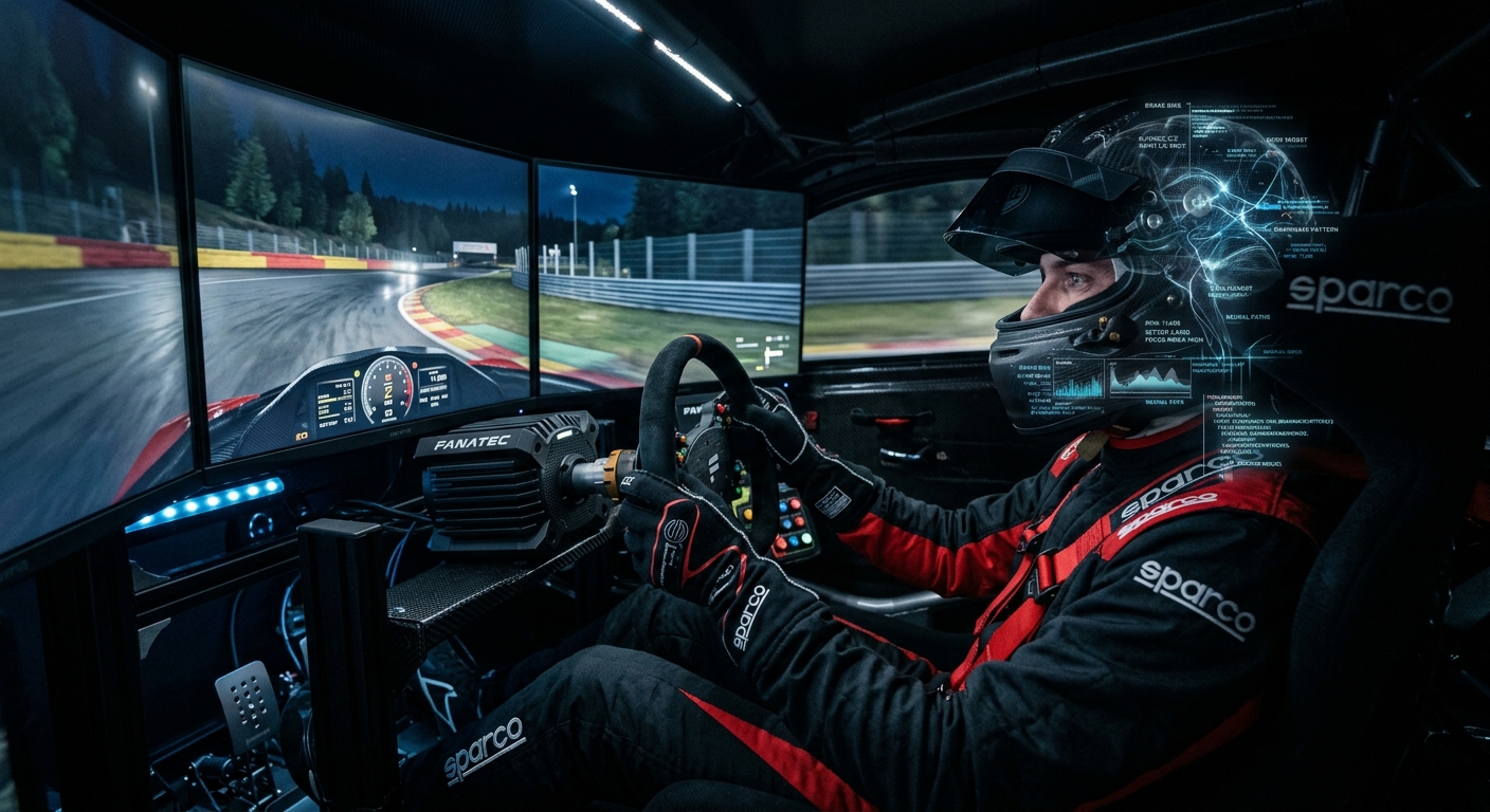 A focused driver in a high-tech simulator navigating a complex corner with digital data overlays.