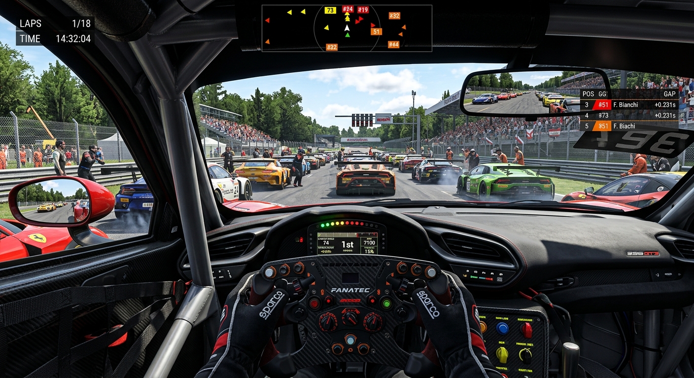 Predictive UI markers showing the speed differential between cars in a tight pack at the start of a race.