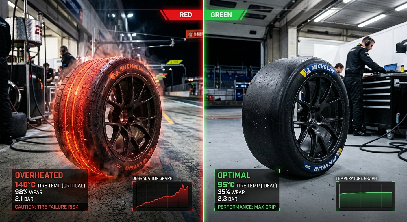 A comparison showing the thermal difference between a managed tire and an overheated tire during a race stint.